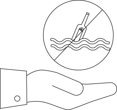 Bir el, okyanus kirliliğine uygulanan yasağı simgeleyen üstü çizilmiş bir şişe ile birlikte minimalist bir sanat tarzında dairesel bir ikon sunar..