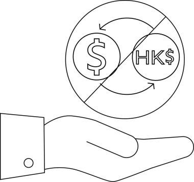 Bir el, Amerikan dolarlarını Hong Kong dolarına çeviren, küresel finans ve yatırım fırsatlarını temsil eden bir döviz simgesi sunar..