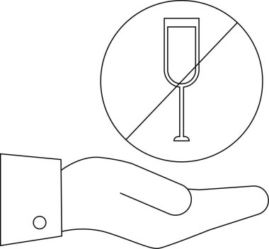 Bir el, alkolü yasaklayan, ayıklığı ve sağlığı simgeleyen bir işaret sunar..