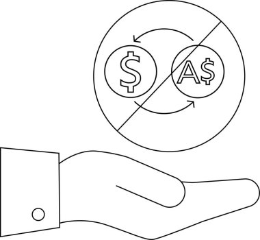 Bir el, döviz takas simgesiyle takas olmadığını belirten bir simgeyi basit bir çizginin sanat illüstrasyonunda sunar..