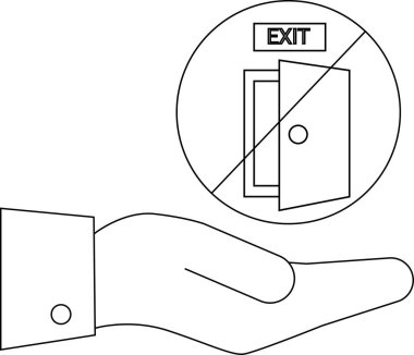 Bir el, güvenlik önlemlerini ve izinsiz ayrılışları veya tehlikeli durumları simgeleyen bir çıkış işareti sunar..