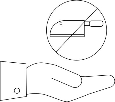 Bir el, şiddet ve silahlara karşı koruma sunarken gösteriliyor. Yasak levhasının içindeki bir satırla sembolize ediliyor..