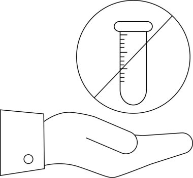Yasaklama işaretli bir test tüpü sunan bir el. Bilimin reddini ya da reddini minimalist bir tarzda temsil ediyor..
