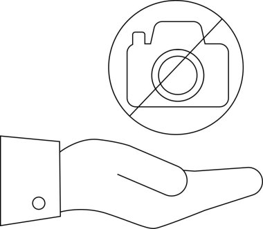 Fotoğraf çekilmesine izin verilmediğini gösteren bir sembol sunan bir el, belirli alanlarda veya durumlarda fotoğraf çekilmesinin yasaklanmasını temsil ediyor.