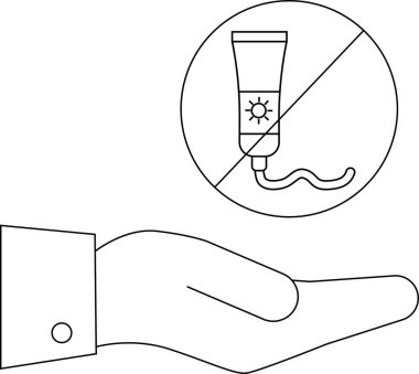 Üstü çizilmiş bir çemberin içinde güneş kremi ile bir el tasvir etmek, güneş kremi kullanımının kısıtlanmasını veya yasaklanmasını gösterir.