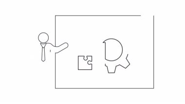 Bir sunucu, bulmaca parçaları ve teçhizatın yer aldığı bir iş sunumu ana hatları, bir şirket ortamında strateji, problem çözme ve takım çalışmasını sembolize eder..