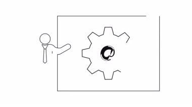 Takım elbiseli bir figür tarafından sunulan, e-posta pazarlama stratejileri ve kavramlarını gösteren @ sembollü bir dişli simgesi sunumu.
