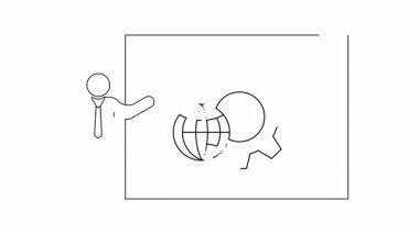 Küresel bir iş stratejisini ekranda bir vites ve dünya ikonu ile sunan bir adamın basit, çizilmiş bir tasviri.