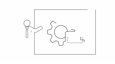 Bir sunucu ekranın yanında duruyor. Mali teknolojiyi ve sunumunu simgeleyen bir vites ve cüzdan sergiliyor..