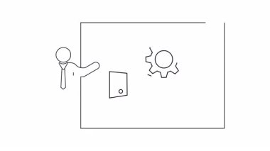 Bir sunucunun ekrandaki vites mekanizmasını açıklayan basit bir çizgi çizimi iş, teknoloji ve problem çözmeyi sembolize ediyor..