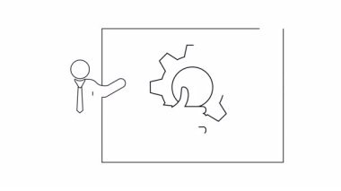 Bir sunucunun basit bir çizgi çizimi beyaz tahtanın yanında bir dişli ve baş parmak işareti, iş ve teknoloji kavramları için ideal.