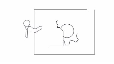 Beyaz tahtadaki vites mekanizmasının yanında teknik belgeleri sunan bir kişinin basit bir tasviri.