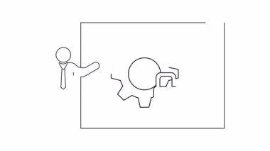 Güvenlik teknolojisi ve veri korumasını sembolize eden, vites ve asma kilidi gösteren bir ekranın yanında duran sunucunun çizgi çizimi.