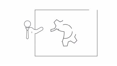 Bir sunucunun basit bir çizgi çizimi, bir ekranın yanında duruyor, bir kalkan ve dişli simgesi, güvenlik ve teknolojiyi simgeliyor..