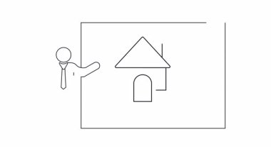 Tahtada ev ve kahve fincanı sunan birinin basit bir çizimi. Sunumlar ve eğitim materyalleri için minimalist tasarım.