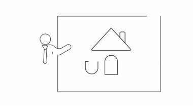 Bir emlak ödülü sunumunu tasvir eden bir çizgi sanat tasviri, bir sunucuyla ekranda bir ev ve kupa sergileniyor..