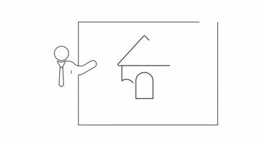 Bir sunucunun üzerinde ev ve kalp olan bir tahtanın yanında durduğu basit bir çizgi. Gayrimenkul veya ev ile ilgili sunumlar için ideal.