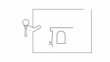 Bir emlakçının çizdiği basit bir çizim tahtada bir ev taslağı sunuyor. Sunumlar veya eğitim materyalleri için ideal.