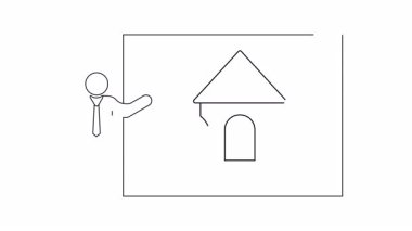 Saati olan bir evi sunan bir emlakçının basit bir çizimi, satın almak için doğru zamanı gösteriyor..