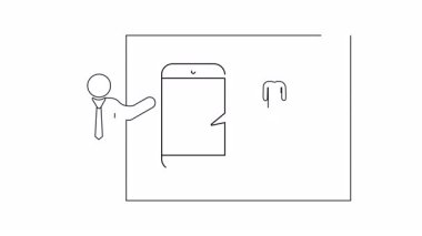 Bir ekranda gösterilen mobil uygulama kavramını tartışan bir sunucuyu gösteren minimalist taslak çizimi. Sunumlar veya kavramsal tasarımlar için ideal.