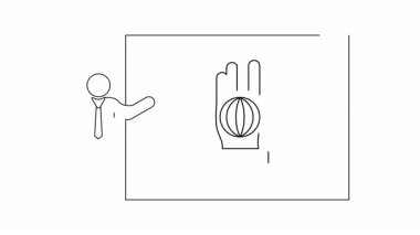 Basit bir animasyon, takım elbiseli bir adamın dünya konseptini beyaz tahtada bir elle sunuşunu gösteriyor..