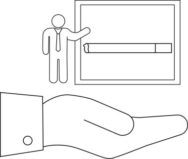 Ekranda sigara sunan bir kişinin tasviri, aşağıda bir el ile sigara karşıtı kampanyayı sembolize ediyor..