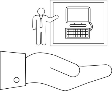 Bilgisayar kurulumunu temsil eden, bilgisayar eğitimini ve desteğini sembolize eden, bilgisayar kurulumunu tasvir eden bir çizgi çizimi.