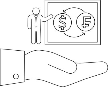 Dolar ve frank para birimleri arasındaki alışverişi açıklayan biriyle görsel yardım sunan bir el içeren döviz konsepti..