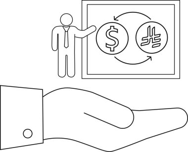 Bir döviz kurunun sunumunu tasvir eden bir çizgi sanat tasviri, el ele tutulan bir dolar ve yen döviz kuru sunan bir kişi. İş, finans ve küresel ekonomiyi simgeler.