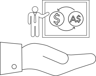 Bir el, iş, finans ve küresel işlemleri sembolize eden bir döviz kuru sunumu sunar. Görüntü finansal kavramları ve uluslararası ticareti temsil ediyor.