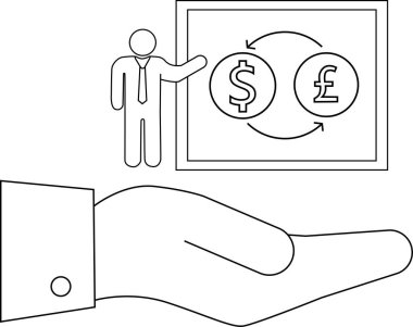 Bir döviz kurunun sunumunu tasvir eden bir çizgi sanat tasviri, mali stratejiyi ve küresel pazar analizini sembolize ediyor..