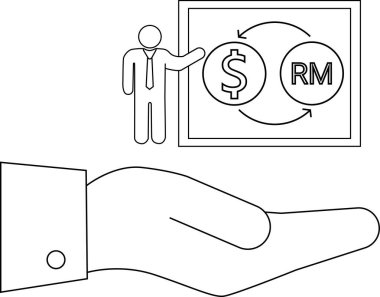 Döviz kurunu temsil eden bir kişiyi gösteren bir çizgi, özellikle Amerikan dolarlarını açık bir el üzerinde dinlenen Malezya Ringgit 'ine dönüştüren bir kişi..