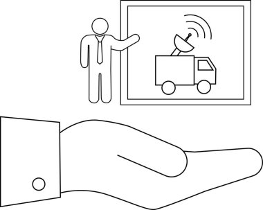 Bir el, uydu kamyon iletişim teknolojisini sunan bir kişinin görüntüsünü sunar. Yenilik ve bağlantıyı simgeler..