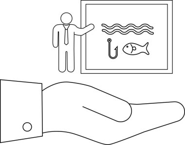 Bir el, olta, balık ve dalgalı suyun yer aldığı balıkçılık kavramlarını sembolize eden bir sunum tutuyor..