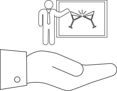 Bir el, minimalist bir sanat tarzında başarı ve ortaklığı sembolize eden bir kutlama kadehinin sunduğu bir iş sunumu sunar..