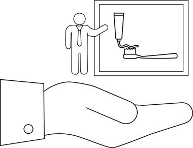 Diş macunu ve diş fırçasının görsel yardımını sunan bir kişinin sunduğu diş hijyen tavsiyesi sunan bir elin kavramsal çizimi.