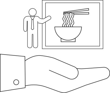 Erişteler üzerine bir sunum sunan bir el, siyah beyaz bir iş konsepti çizimi.