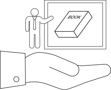 Ekranda bir el ile kitap sunan bir kişinin çizgi çizimi..