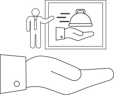 Bir çizim, servis ve konukseverliği sembolize eden bir sunumla birlikte bir yemek tabağı sunan bir eli tasvir ediyor..