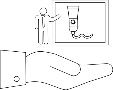 Bir el, güneşin zararlı UV ışınlarından korunmayı simgeleyen bir figür tarafından sunulan güneş kremi sunar..