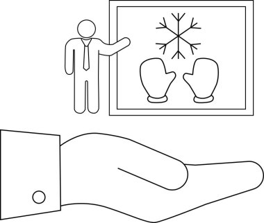 Bir el, takım elbiseli bir kişi tarafından sunulan kar taneleri ve eldivenler de dahil olmak üzere kış elementlerinin bir sunumunu tutuyor..