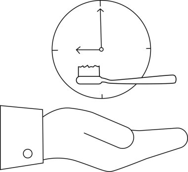 Zaman yönetiminin diş fırçası, diş macunu, saat ve el temizliği için önemini gösteren bir çizim..