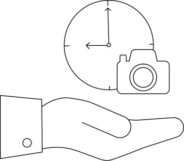 Kamera ve saat simgesini tutan bir el, fotoğrafçılık ve yakalama anlarında zamanlamanın önemini temsil eder..