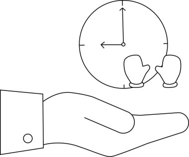 Saati ve boks eldivenlerini tutan, zaman yönetimi ve sporu simgeleyen minimalist bir sanat çizgisi..