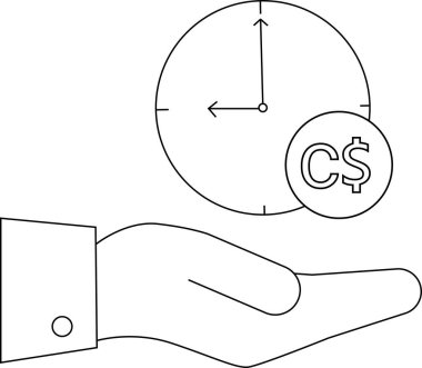 Saatlik ücretleri veya zaman bazlı tazminatı temsil eden bir el ve bir Kanada dolar sembolü çizgisi çizimi.