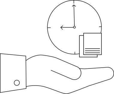 İş ve özel hayattaki zaman yönetimi, teslim tarihleri ve verimliliği sembolize eden saat ve belgeleri tutan bir el..
