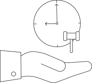 Zaman yönetimini, teslim tarihlerini ve hukuki kararları minimalist bir sanat tarzında sembolize eden bir el bir saat ve tokmak tutar..