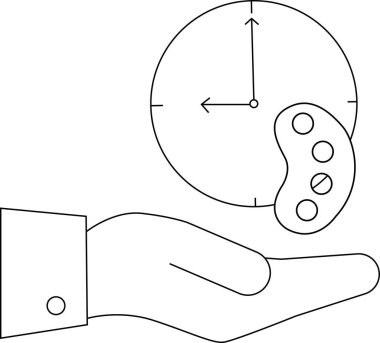 Bir el, sanat ve yaratıcılığa zaman ayırmayı sembolize eden bir saat ve sanatçı paleti sunar..
