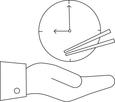 Bir el yemek çubuklarıyla saati tutar, Asya mutfağını simgeler. Görüntü yemek, zaman ve kültür gibi kavramları temsil ediyor..