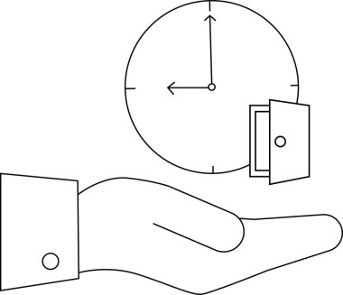Kapısı olan saati tutan bir el, zaman yönetimini, teslim tarihlerini ve fırsatları sembolize eder. Minimalist tasarım, anı yakalamanın önemini vurgular..